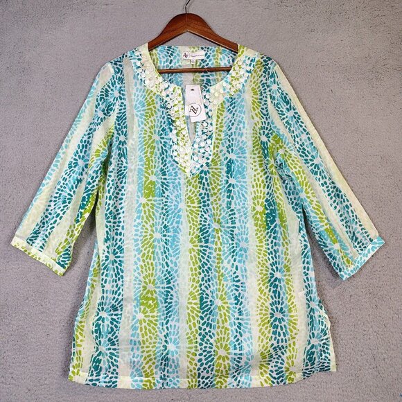 Adrienne Vittadini Tops - Adrienne Vittadini Top Women's XL Green Blue Floral Beaded Embellished Tunic NWT